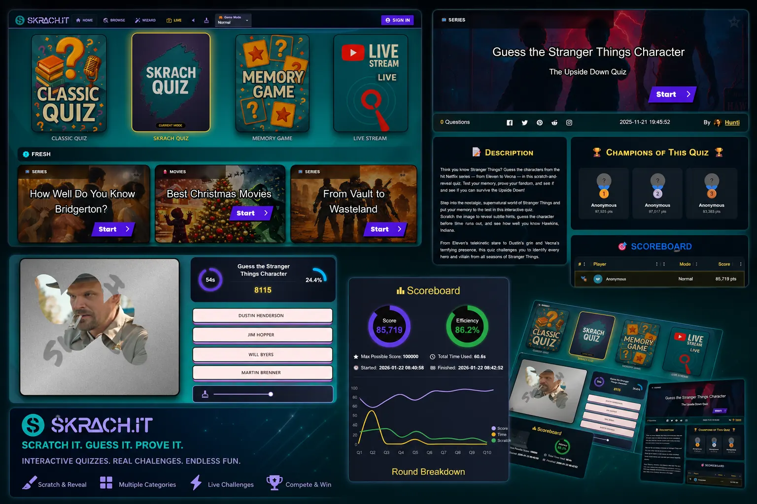 skrach.it platform kollázs játékmódokkal, quiz részletekkel, scratch játékkal és scoreboard nézettel